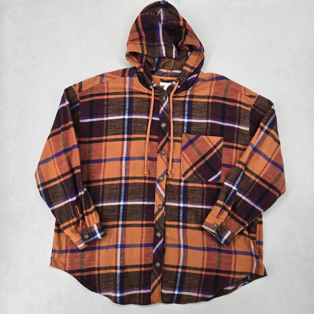 Maurices Womens 2X Hooded Flannel Shirt Orange Fall Plaid Cotton Grunge Cabin